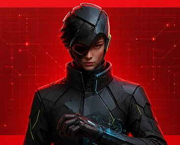 Futuristische esportstrateeg in zwarte cyberuitrusting tegen een rode tactische achtergrond